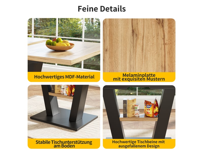 Table à manger extensible 118-157x70 cm pour 6 à 8 personnes, rallonge intégrée, pieds en v métal noir, plateau mdf effet bois naturel - Conforama E
