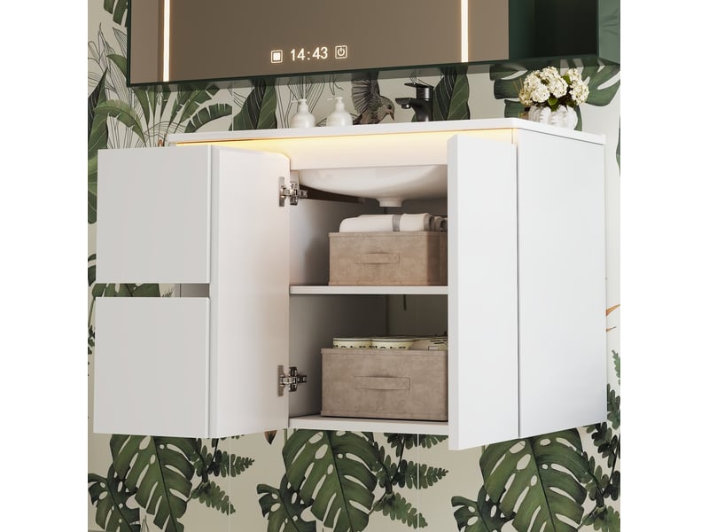  Meuble vasque suspendu 76x47x57 cm avec led à capteur coloris blanc  - Conforama B