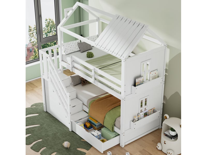  Lit superposé enfant 90x200 cm avec escalier de rangement et tiroirs, blanc  - Conforama C