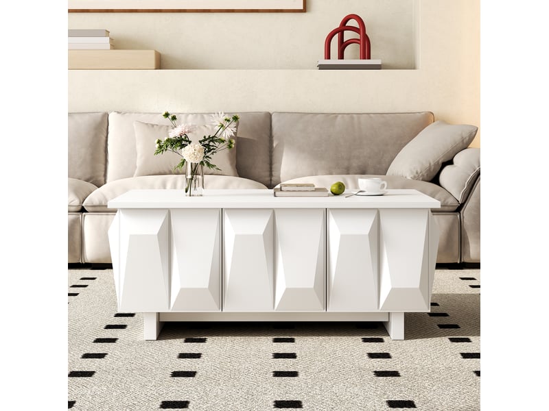  Table basse de salon 95x67x39,5 cm avec rangement, 3 portes, façades à structure 3d, panneau de particules, blanc  - Conforama D