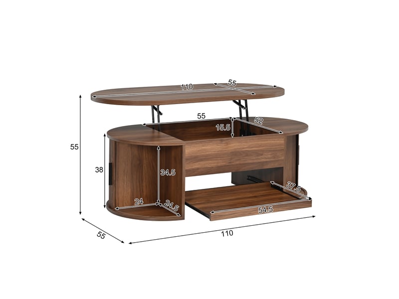  Table basse relevable, table de salon avec rangement caché et portes coulissantes, table basse moderne en mdf avec effet strié 110x55x55 cm, noyer  - Conforama E