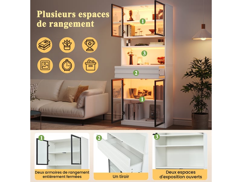 Lot de 2 vitrine avec porte et led - armoire de rangement - pour salon - bureau ou cuisine - 160x35x200cm - blanc - Conforama E