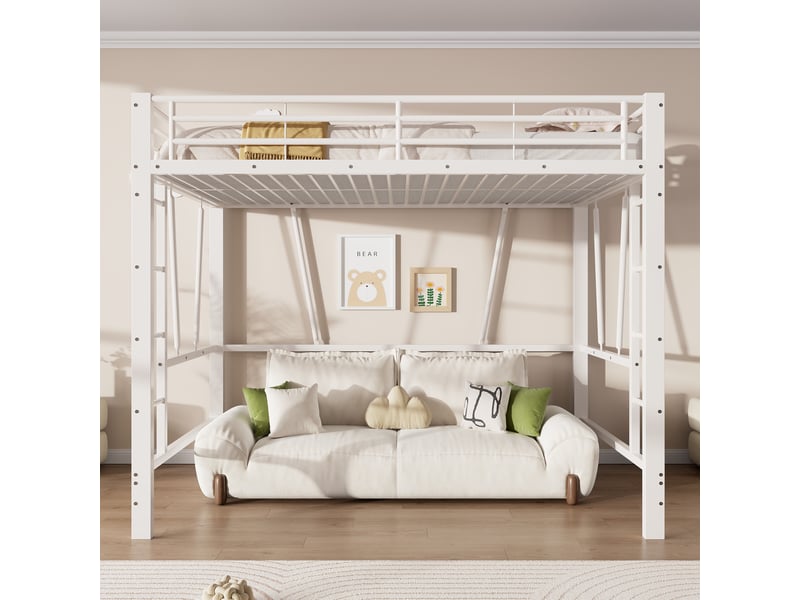  Lit mezzanine 140x200 cm en métal avec double échelle coloris blanc  - Conforama D