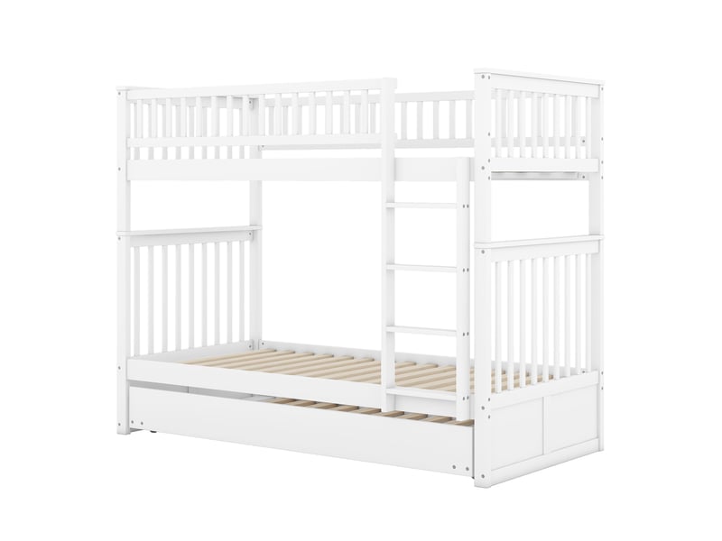 Lit superposé enfant 90 x 200 cm en pin blanc avec lit gigogne 90 x 190 cm, couchages séparables, échelle et barrières - Conforama E
