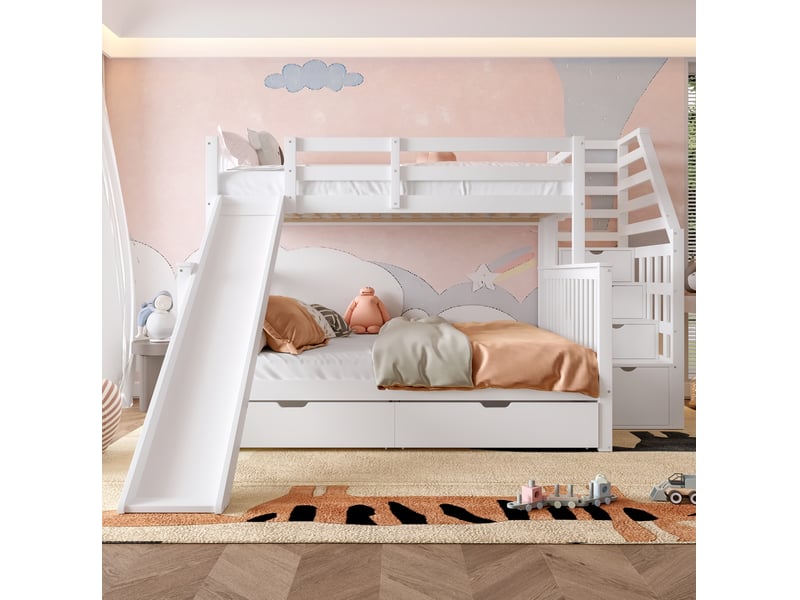  Lit superposé 90x200 et 140x200 cm avec toboggan et tiroirs, blanc antique  - Conforama D