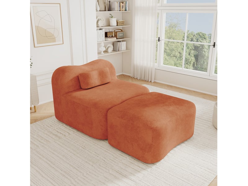  Canapé modulaire 1 place modenvie avec pouf, design ondulé, velours orange, mousse 32d, 96 x 167 x 70 cm  - Conforama B