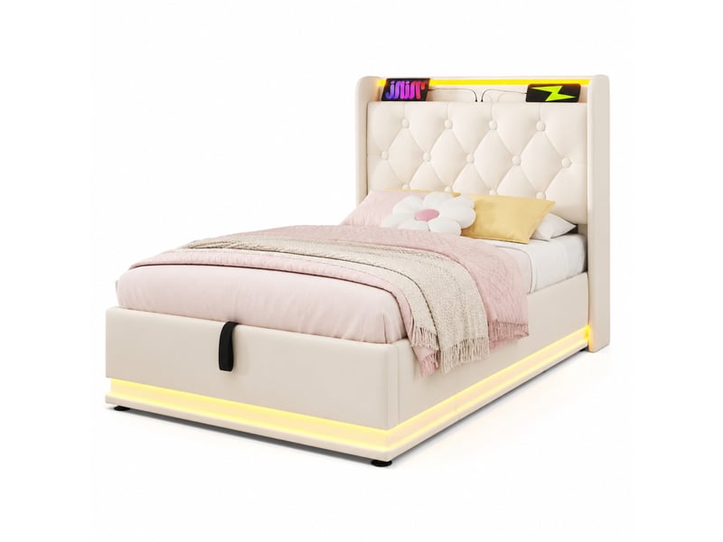  Lit coffre hydraulique 1 place 90x200 cm pu blanc led usb et usb-c  - Conforama A