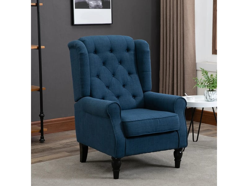  Fauteuil de salon, fauteuil lounge – bleu, avec accoudoirs, pieds bois  - Conforama R