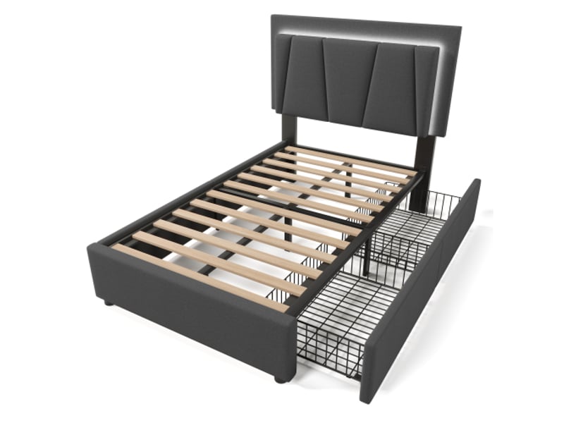  Lit enfant 90x200 cm, lit simple avec 2 tiroirs, éclairage led et tête de lit réglable, en bois, gris, sans matelas  - Conforama E