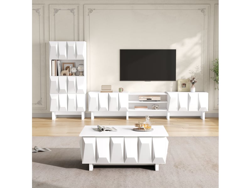 Ensemble de meubles de salon tcqpz 3 pièces avec meuble tv, vitrine et table basse, façades 3d géométriques, blanc  - Conforama D
