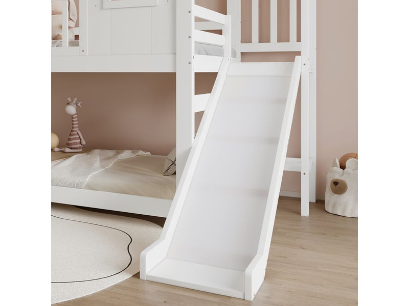 Lit superposé enfant 90x200 cm - avec toboggan et échelle - avec toit et fenêtres - bois massif + mdf - blanc (sans matelas)  - Conforama R
