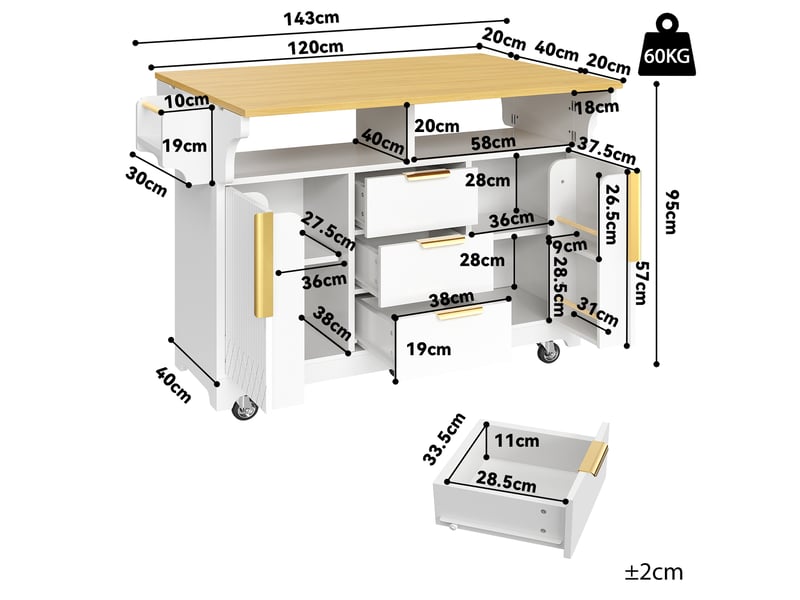 Îlot central de cuisine 120 x 4080 x 95 cm avec plateau extensible, 3 tiroirs et 2 portes, étagères et roulettes, blanc - Conforama C
