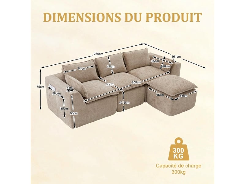  Canapé 3 places modulable en tissu chenille kaki avec pouf - mousse et ressorts - 256x161x75cm  - Conforama C