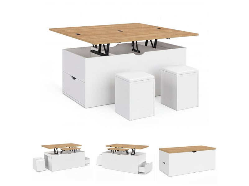  Table basse plateau relevable convertible en table à manger elea 100 cm avec 2 poufs et tiroir bois blanc et façon hêtre  - Conforama D