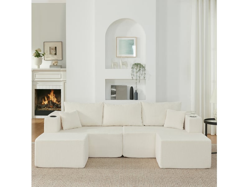  Canapé d'angle modulable 3 places 230x138x75 cm velours côtelé beige  - Conforama C