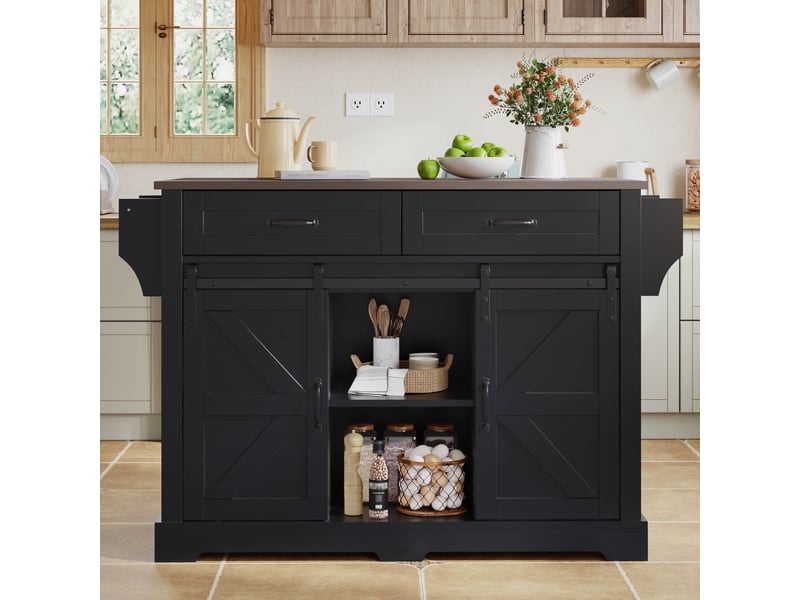  Îlot de cuisine noir style grange avec plateau rabattable, desserte sur roulettes, 2 portes coulissantes, 120x70x91 cm  - Conforama D