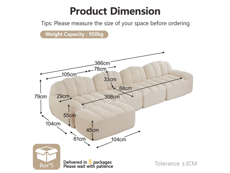 Canapé modulable, canapé 4 places – en tissu, avec pouf, mousse haute densité, blanc, assise profonde - Conforama D