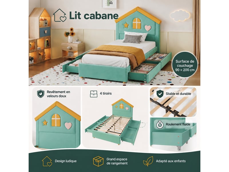  Lit enfant rembourré 90 x 200 cm, 4 tiroirs de rangement, lit d'appoint pour chambre, velours, bleu-vert  - Conforama D