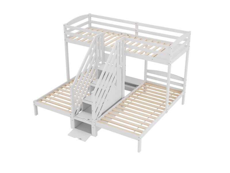  Lit superposé, 90 x 200 cm, 3 couchages, en pin, échelle escamotable avec tiroirs, barrière de sécurité, conforme à la norme en 747, sans matelas, blanc  - Conforama D