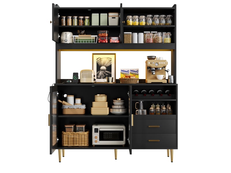  Buffet haut 130x40x172cm avec éclairage led, prises, casiers à bouteilles et étagères coulissantes, vitrine, noir evarich - Conforama A
