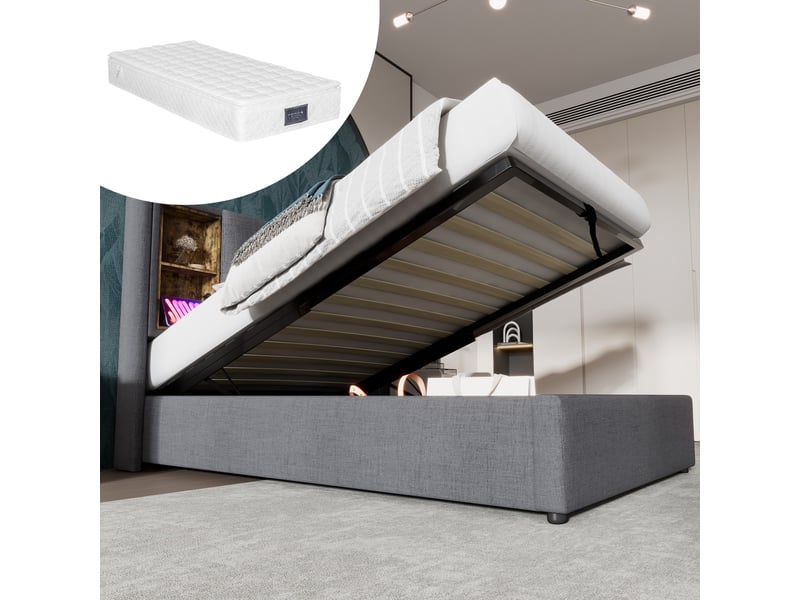  Lit simple 90x200 cm avec usb-c, lit enfant avec sommier à lattes en bois, lit 1 personne avec matelas, gris  - Conforama A