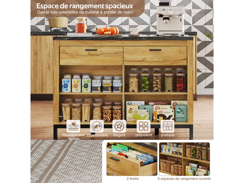 Îlot de cuisine 120x75x90 cm, desserte avec 2 tiroirs et 4 étagères ouvertes, effet marbre et bois, mdf, noir et naturel - Conforama R