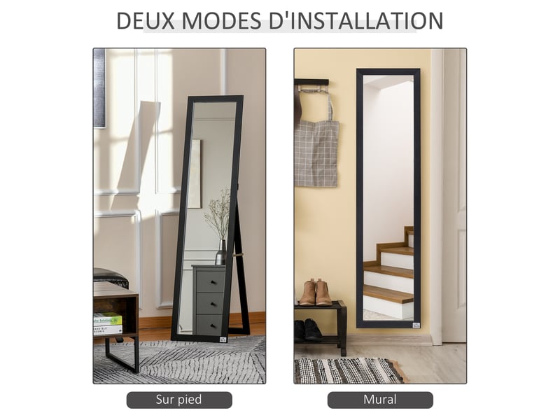  Miroir sur pied et mural rectangulaire miroir de sol pleine longueur dressing chambre salon noir dim. 37l x 37l x 154h cm  - Conforama R