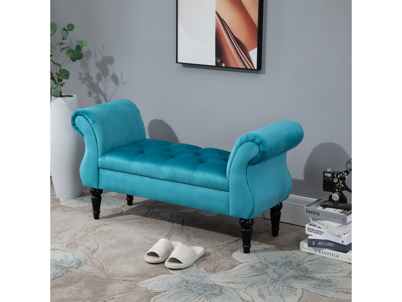  Banc de chevet style vintage, structure en bois et assise chesterfield rembourrée, bleu 117 x 40 x 58 cm  - Conforama D