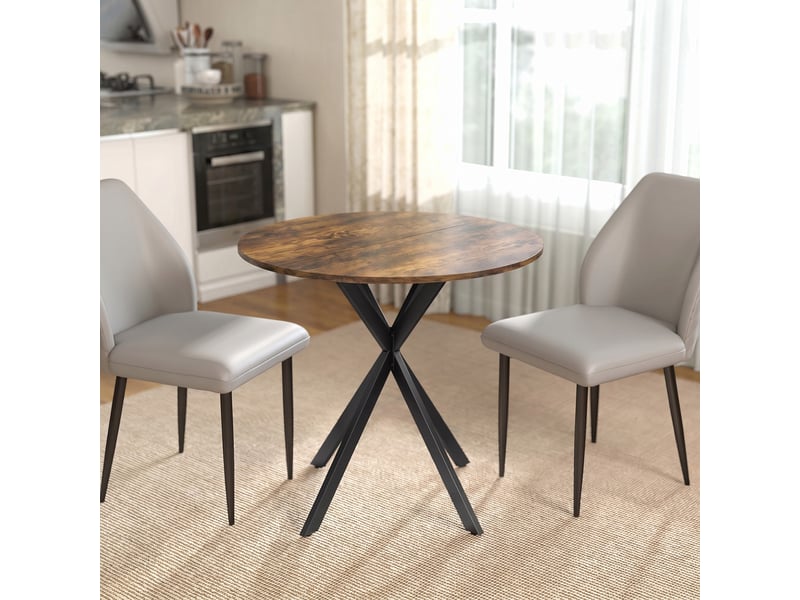 Table à manger ronde pour 2 personnes avec plateau aspect bois et piètement croisé en acier, rustique brun - Conforama D