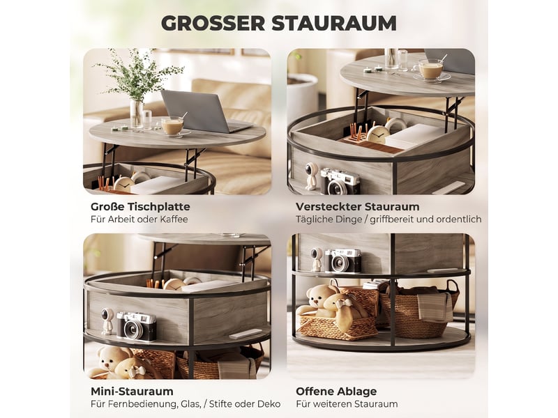  Table basse ronde avec plateau relevable rangements coloris chêne ø 80 x 47-61,5 cm  - Conforama E