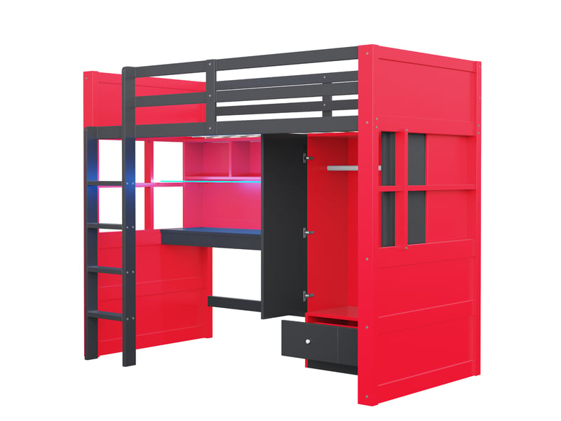 Lit mezzanine 90x200 cm avec bureau, armoire et rangement - lit enfant avec tiroirs et led - bois noir et rouge  - Conforama W
