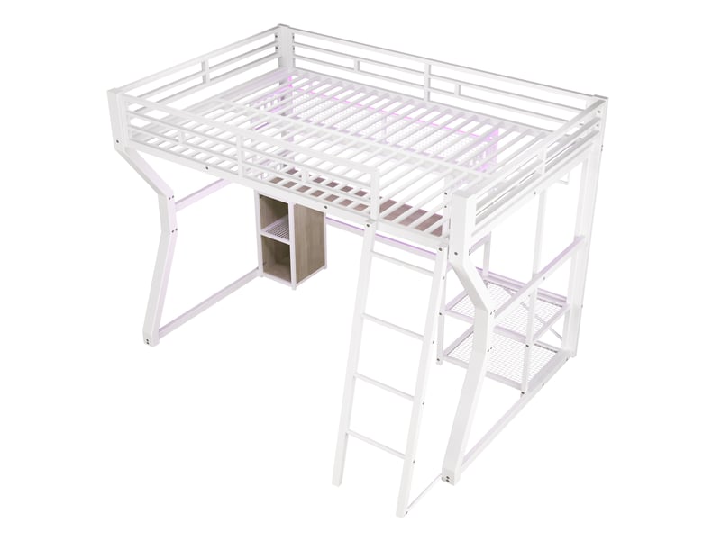  Lit mezzanine blanc 140 × 200 cm en métal, bureau, prise, penderie et rangements  - Conforama E