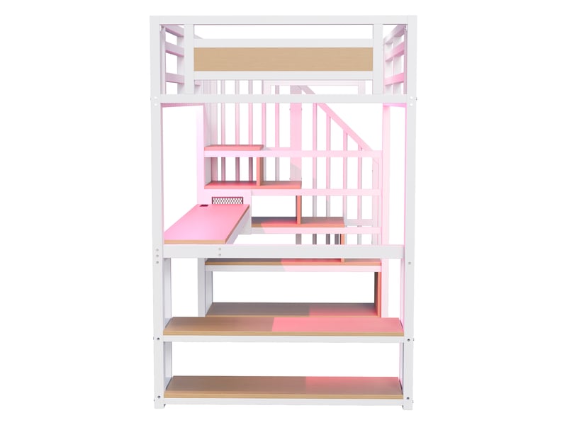 Lit mezzanine 90x200 cm en métal avec led, prise, escalier de rangement, bureau et étagères, blanc Fay Lum - Conforama R