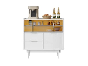 Meuble de rangement avec portes coulissantes vitrées, niches ouvertes et led réglable pour salon en mdf blanc, 80 cm