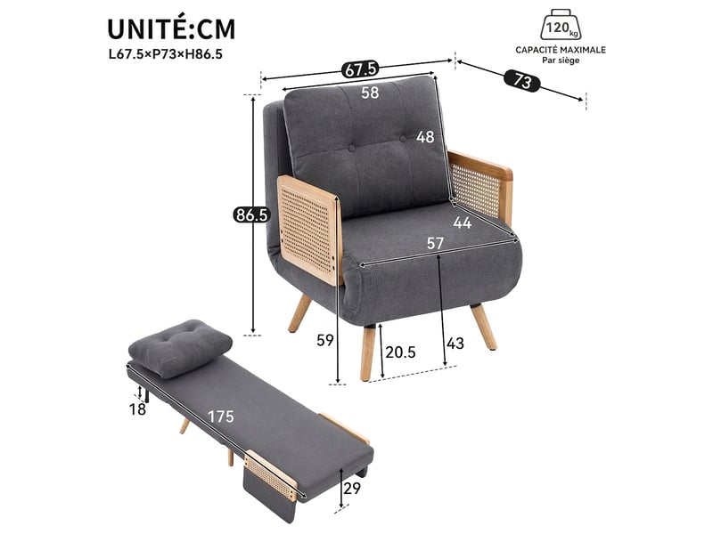  Fauteuil convertible 3 en 1 lit d'appoint 1 place, avec accoudoirs en rotin, fauteuil relax gris  - Conforama E