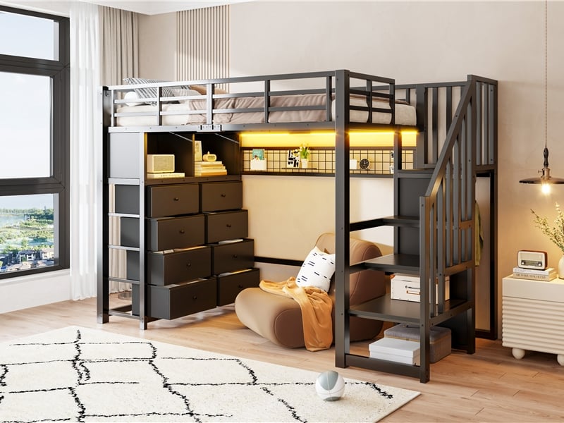  Lit mezzanine 90 x 200 cm avec 8 tiroirs, escalier-coffre, étagères, led, grand rangement sous lit, noir  - Conforama B