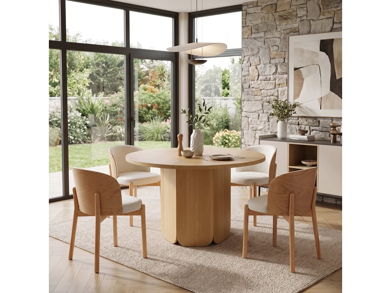  Ensemble table à manger ronde 120 x 120 cm + 4 chaises en bois massif de frêne et tissu lin, finition chêne naturel, pour salle à mange  - Conforama W