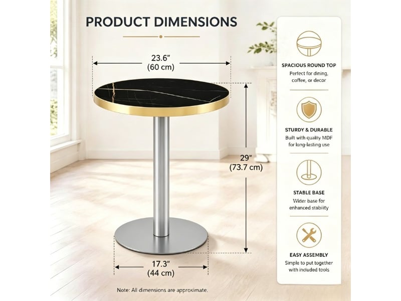  Table d'appoint ronde avec plateau en mdf effet marbre et base stable pour salon, 75×71×23 cm, noir  - Conforama D