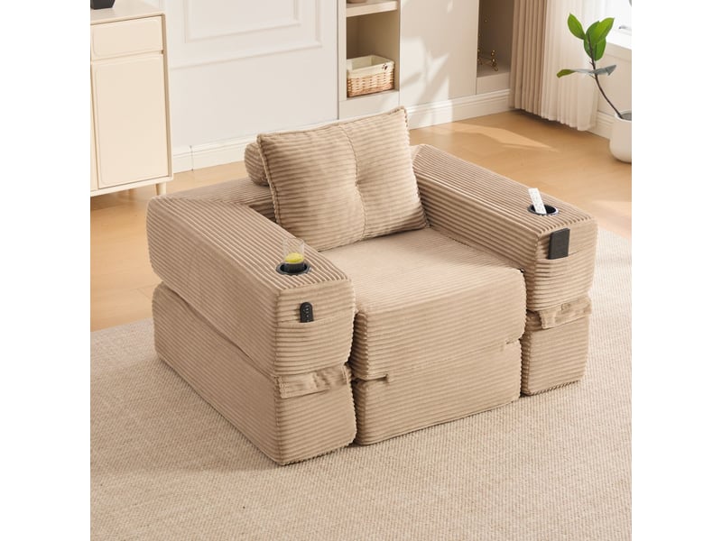  Canapé revêtement en tissu côtelé mousse haute densité garnissage à ressorts assise indéformable poche latérale porte-gobelet  - Conforama B