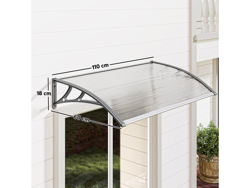  Auvent de porte, protection contre la pluie, le vent et la grêle, polycarbonate, barres de liaison en aluminium, 110 x 60 x 18 cm, gris  - Conforama E