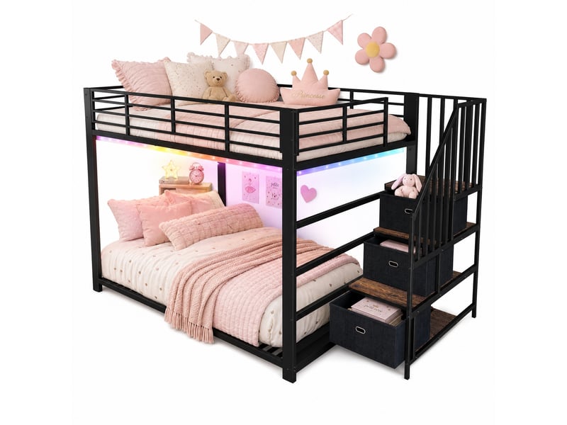 Lit superposé adulte 140x200 cm avec escalier réversible et rangement, métal noir et mdf, bande led et ports usb  - Conforama A
