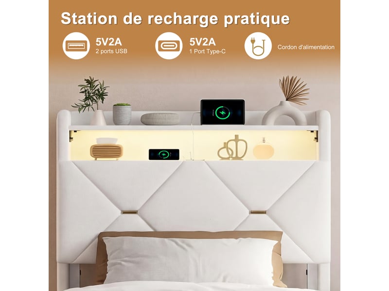 Lit coffre 90x200cm avec éclairage led et port de chargement, design ondulé, beige - Conforama E