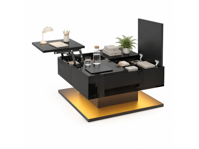  Table basse relevable,72x72x35 cm,tiroirs et led,mdf,noire brillante  - Conforama A