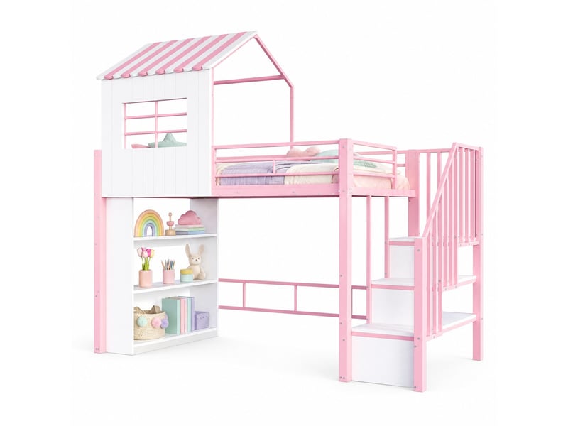  Lit mezzanine enfant 90x200 cm – rose et blanc – escalier réversible avec rangement - sans matelas  - Conforama A