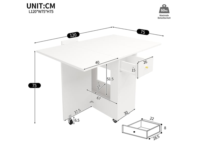 Table à manger 120x75x75 cm,table pliante rangement ouvert, 2 tiroirs, roulettes avec frein, pour 2-4 personnes, salon et salle à manger, blanc CozyNest - Conforama C