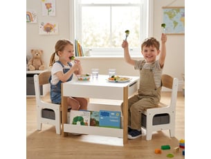 Ensemble 3 pièces table et 2 chaises pour enfant avec plateau réversible tableau noir, panier de rangement, étagères