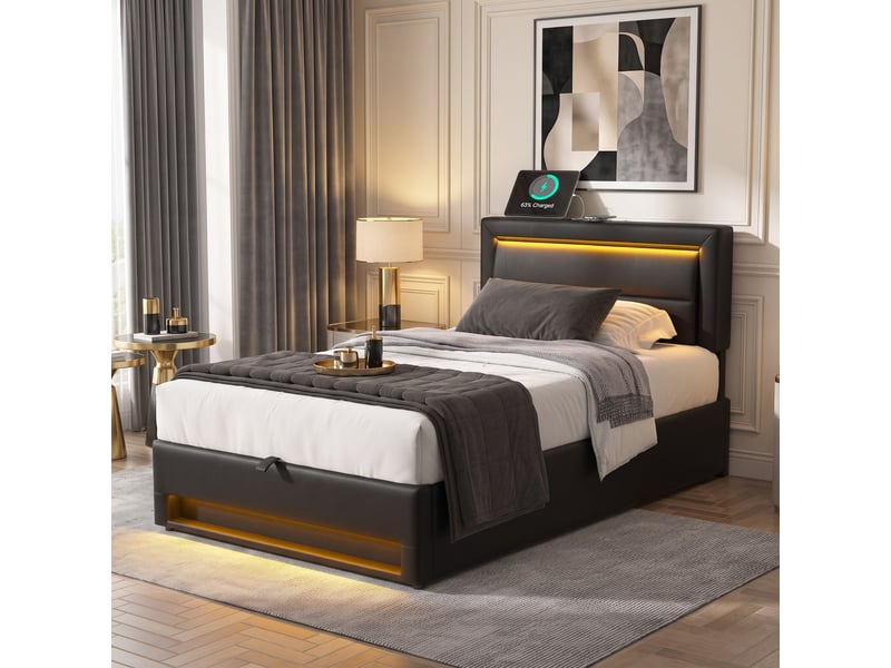  Lit simple 90 × 190 cm avec usb, recharge sans fil, led réglable et rangement, sans matelas, en pu noir  - Conforama C