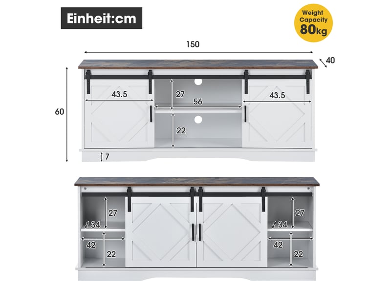 Meuble tv banc tv - support télé jusqu'à 65 pouces 2 portes coulissantes étagères ouvertes moderne salon - 150cm - blanc - Conforama C