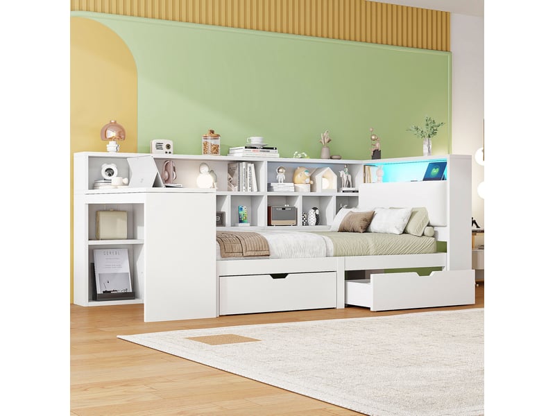  Lit enfant 90x200cm bureau intégré tiroirs tête capitonnée led mdf contreplaqué, tissu lin blanc sans matelas  - Conforama W
