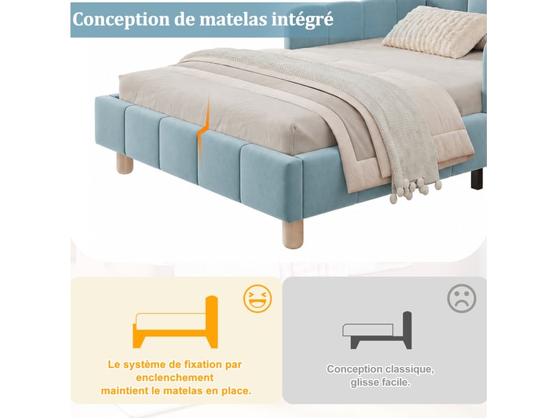  Lit enfant 90x200 cm, 213x100x64 cm, tête rembourrée, barrières, sommier à lattes, velours bleu, sans matelas  - Conforama D